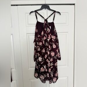 Torrid Burgundy Floral Dress With Cold Shoulders and Ruffle Neckline